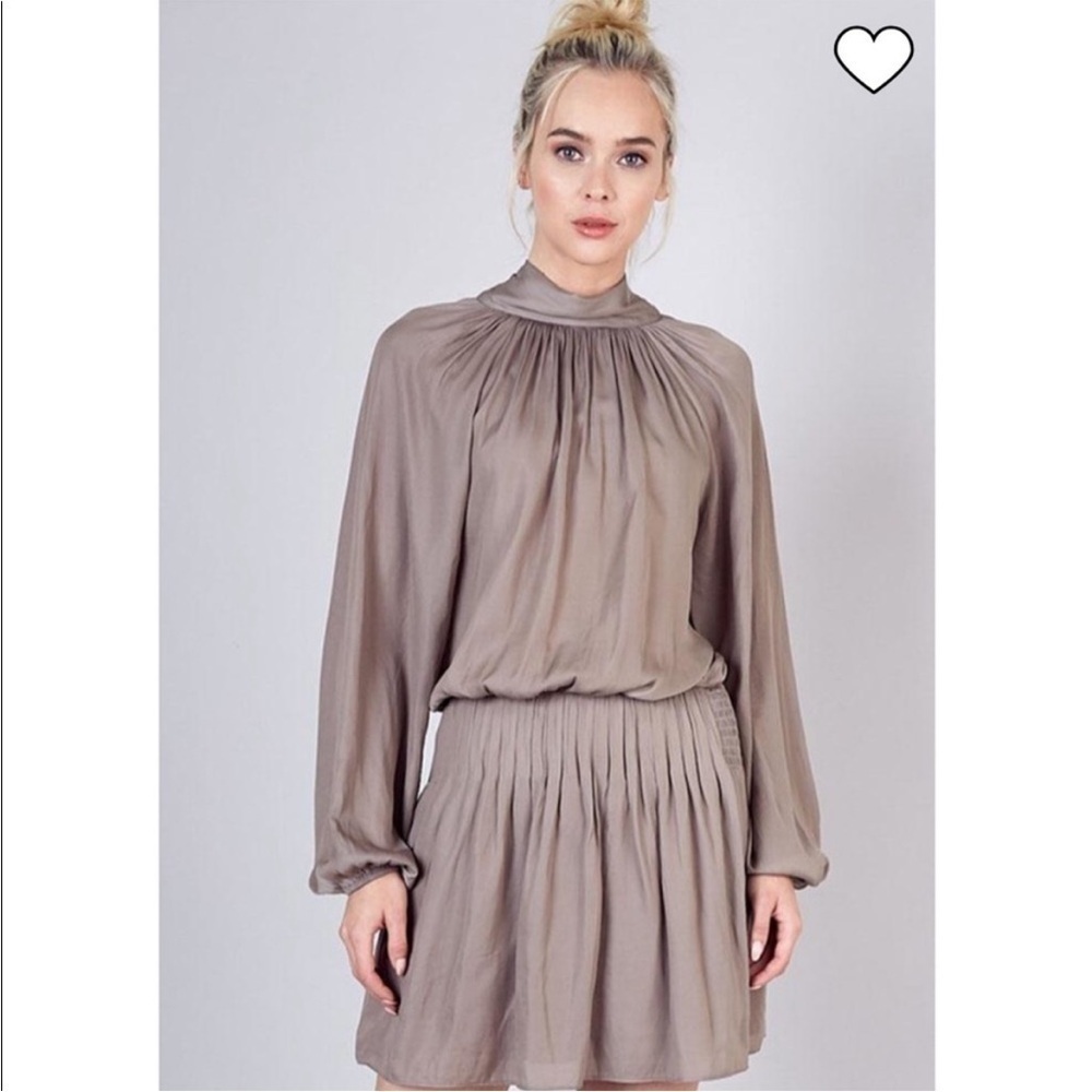 NWT Do + Be Taupe drop waist tie neck long sleeve mini dress size medium